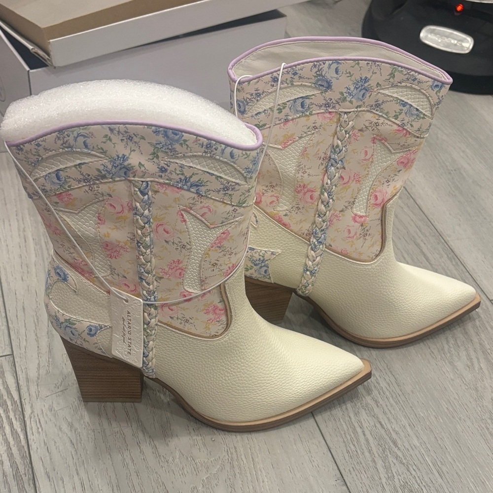 Altar'd State Cream and Pink Floral Heeled Boots